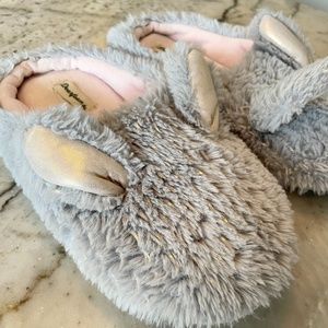 Grey gray bunny slippers with shimmer gold & pastel pink accents Easter rabbit